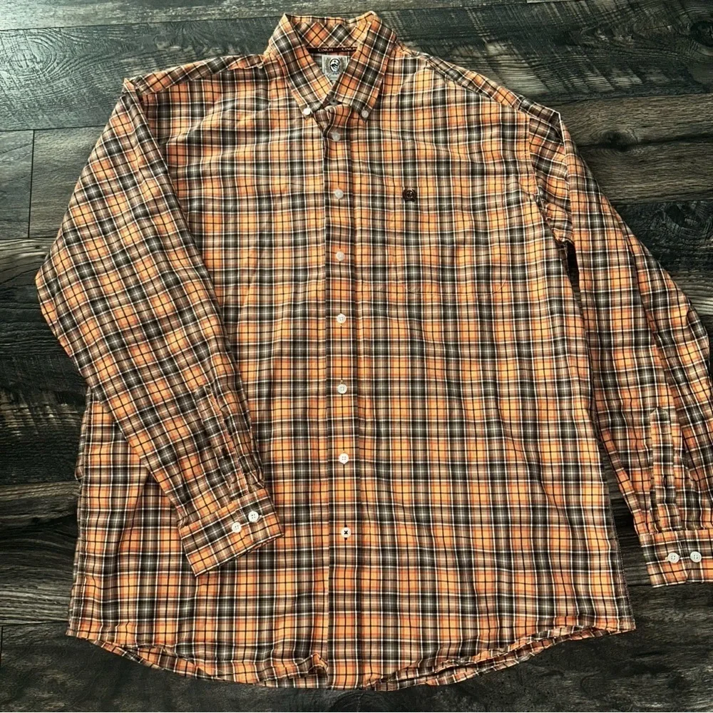 Cinch Men's Orange Plaid Shirt Long Sleeve Cowboy Button Up Large